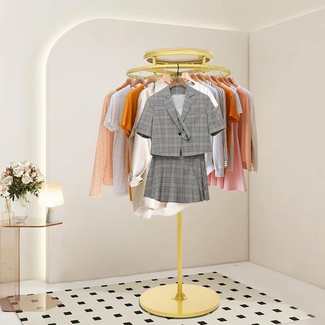 360° Drehbarer Rund Kleiderständer, 140cm Drehbar Runder Kleidungsständer, Metall und Holz Bodenstehender Garderobenständer, für Bekleidungsgeschäfte, Boutiquen und Schlafzimmer (Gold, Holzfarbe) (1/5)