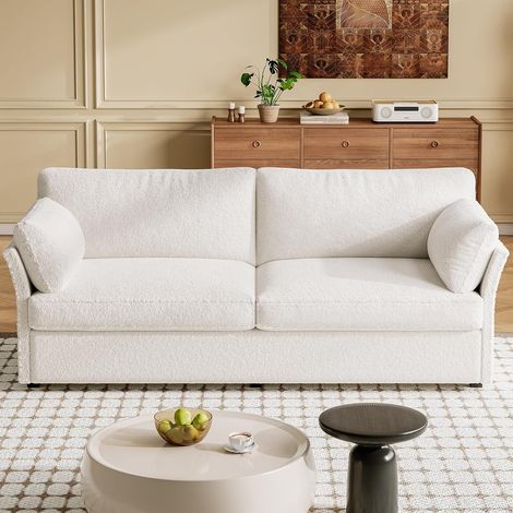 Canapé droit 2 places tissu bouclé effet Teddy – Confort optimal avec mousse haute densité – 55,8 pouces blanc cassé – Facile à assembler (1/5)