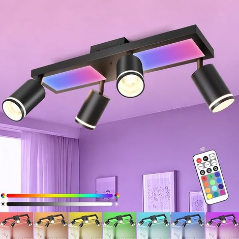 Plafonnier LED 4 Spots avec Télécommande, RGB 30W 3600LM Spots de Plafond GU10 Orientable, Noir Plafonnier Spot avec Lueur Inférieure 10W+4x5W GU10 pour Salon Cuisine Chambre (1/5)