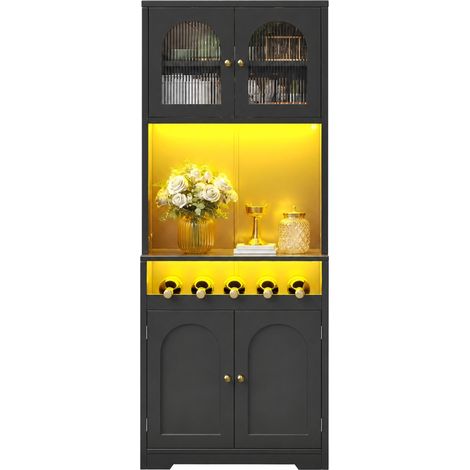 Buffet Haut avec 4 Portes, Range-Bouteilles, Étagères Réglables et LED RGB, en MDF Noir, 70 x 38.3 x 180 cm (1/5)