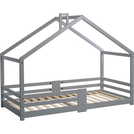 Lit cabane enfant gris en pin 90 x 200 cm avec cheminée (1/5)
