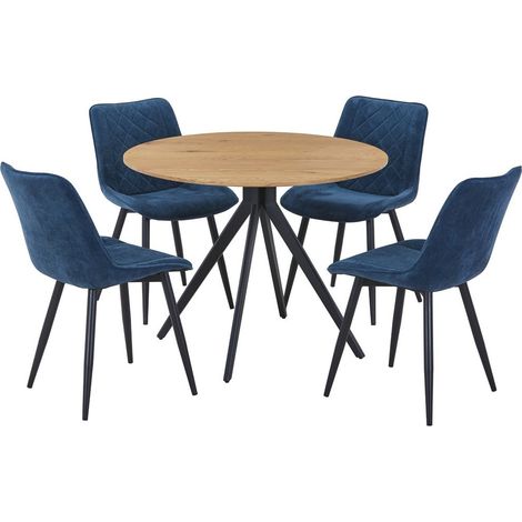 Aspen Light Oak Round Table & 4 Blue Fabric Chair Set - MDF/Metal - L54 x W53.5 x H85.5 cm
