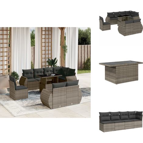 9-tlg. Garten-Sofagarnitur mit Kissen Grau Poly Rattan - Gartenmöbel Set - Esszimmergarnitur - Outdoor Möbel - Lounge Garnitur - Rattan Gartenmöbel (1/5)
