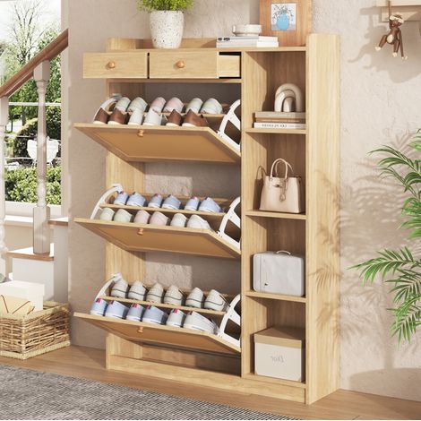 Schuhschrank (90x24x130 cm), schlankes Design mit 3 Klappfächern, 2 Schubladen, Spanplatte, Natur (1/5)