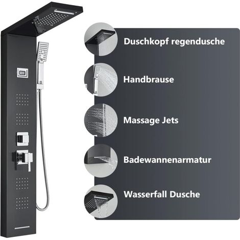 Rosvola Colonne de Douche Hydromassante en Acier Inox, Panneau de Douche Multifonction avec LCD, Colonne de Douche avec Mitigeur pour Salle de Bain, Noir (1/5)