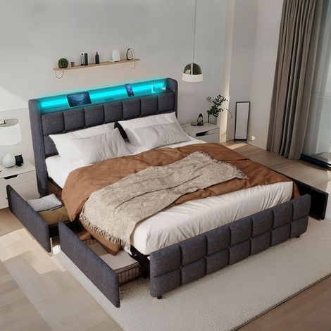 Cadre de lit tapissé moderne XMETPR 160x200, 4 tiroirs de rangement sous le lit, LED, station de charge USB, silencieux et facile à monter,Tête de lit gris