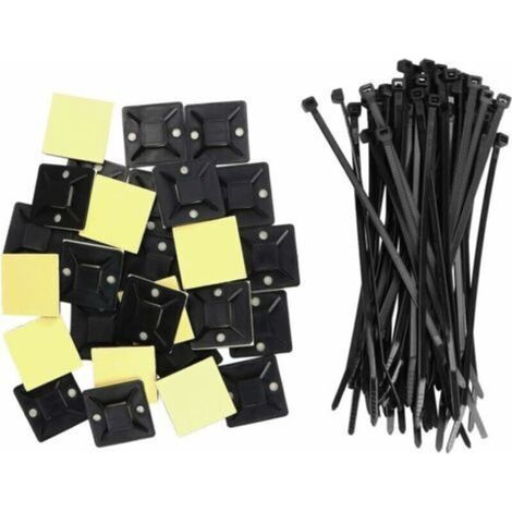 100pcs Bases d'attaches de câble auto-adhésives 25mm x 25mm Attaches de câble auto-adhésives Attaches de câble auto-adhésives Support d'attache de câble en plastique + 100pcs Attaches de câble  noire, (1/3)
