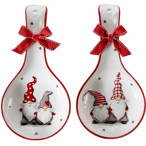 Poggiamestolo natalizio in ceramica con decoro Babbo Natale in rilievo e fiocco, set da 4 pezzi, cm 12 x 23,5 H