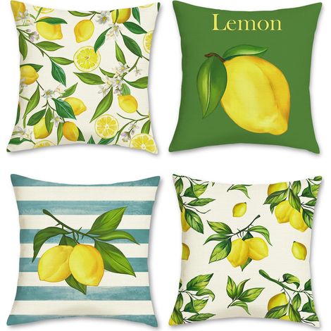 Lot de 4 Housse de Coussin Citrons 50 x 50 cm Fruits Jaune Polyester Lin Décoratif Taie d'oreiller pour Canapé Lits Chaises Voiture Salon Maison Décor (1/5)