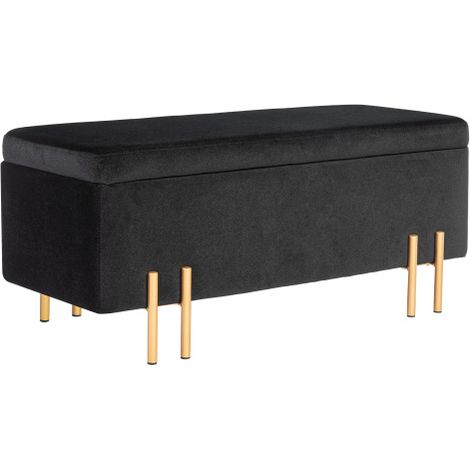 Banc coffre rembourré mixte tissu métal bois d'hévéa et mousse, couleur noir multifonction spacieux pour salon et chambre (1/3)