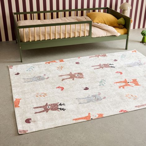 Tapis intérieur enfant blanc imprimé animaux thème automnal - Ravon 120 x 160 cm