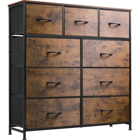 Commode 9 Tiroirs, Tour Rangement Tissu Chambre, Couloir, Placard, Unité Haute Bacs Tissu, Cadre Acier, Plateau Bois, Poignée Facile, Rustique (1/5)