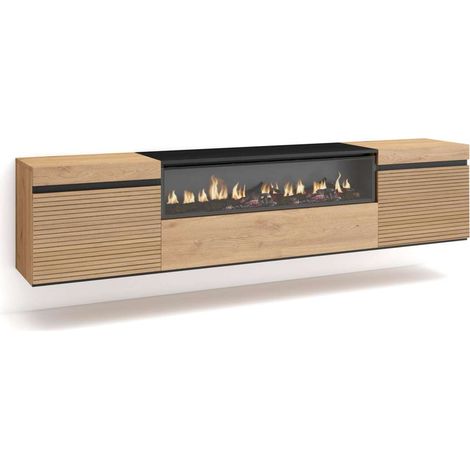 Mueble TV Fuengirola-01 de 200x45x35 cm con chimenea eléctrica y luces LED, suspendido, color roble y negro (1/4)