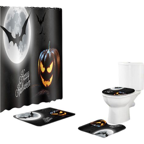 Ensemble de quatre blocs de rideaux imperméables Halloween sans trous, 16 trous (rideau de douche 180 x 180 cm, tapis antidérapant, siège de toilette, tapis de toilette)