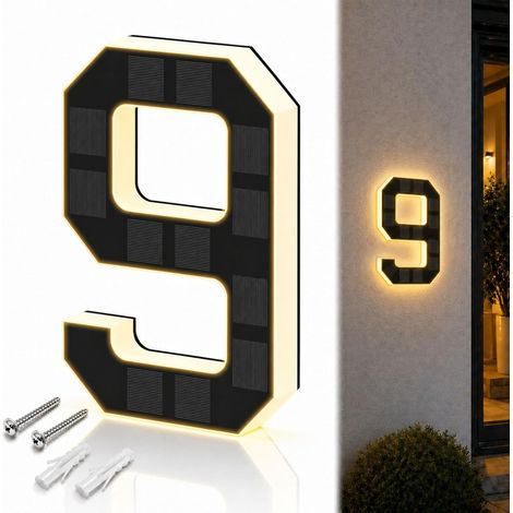 JSSEVN - Numero de Maison Solaire Illuminé pour Extérieur étanche, Plaque de Numéro de Maison Illuminée Solaire, Numéro de Maison Lumineux Noir (9, 23 cm) (1/5)