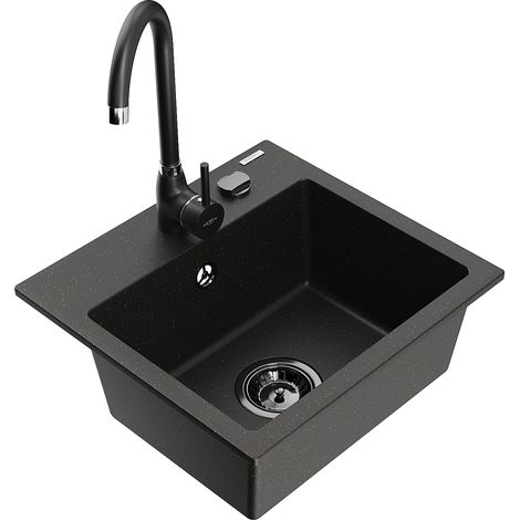 Mexen Milo Granitspüle 1-Becken mit Küchenarmatur Telma, schwarz/gold - 6505-75-670200-70-B (1/5)