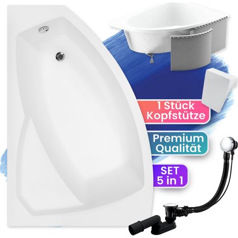 Badewanne Eckbadewanne 140x90 Links mit Styroporverkleidung + Kopfstütze, Ablaufgarnitur & Füßen GRATIS - Komplettset 5in1 - Made in EU - BADLAND RIMA