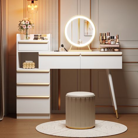 Luxus-Frisiertisch mit ausziehbarer Platte, verstellbarem LED-Spiegel, 6 Schubladen und goldenen Griffen, 102H x 100B x 41,5T cm, Weiß – Hocker nicht im Lieferumfang enthalten