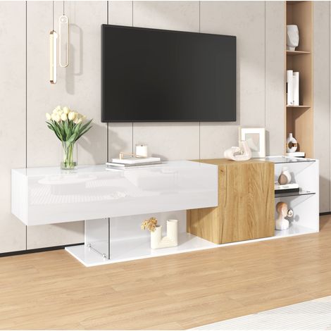 Mueble para TV de PB blanco y natural 180 x 38 x 48 cm, acabado parcial alto brillo, 2 puertas y estantes de vidrio (1/5)