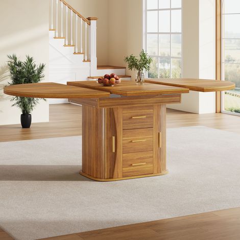 Extendable dining table, dining room table, kitchen table, round dining table, extends to oval, 118-158 cm, seats up to 6 people, three-tier storage, walnut