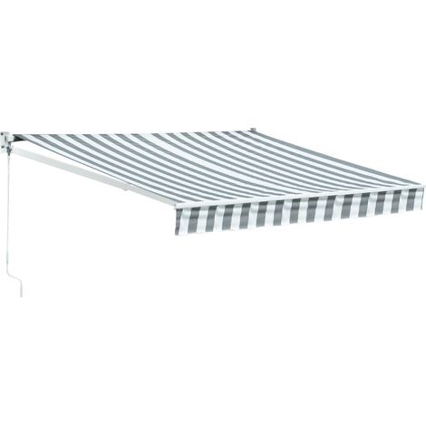 Happy Garden – Store banne 2,5 × 2m – Toile rayée blanche/grise – Structure en aluminium et acier – Protection UV50+ – Inclinaison 15 à 50°