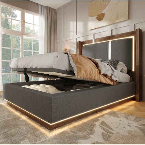 DESVIAE Lit simple rembourré avec LED et coffre de rangement hydraulique 90 x 200 cm tête de lit en lin gris décor noyer sommier à lattes inclus (1/4)