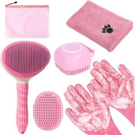 Kit de aseo para mascotas: juego de cepillos con toalla, guantes de baño y cepillo dispensador de champú para perros y gatos. (1/5)
