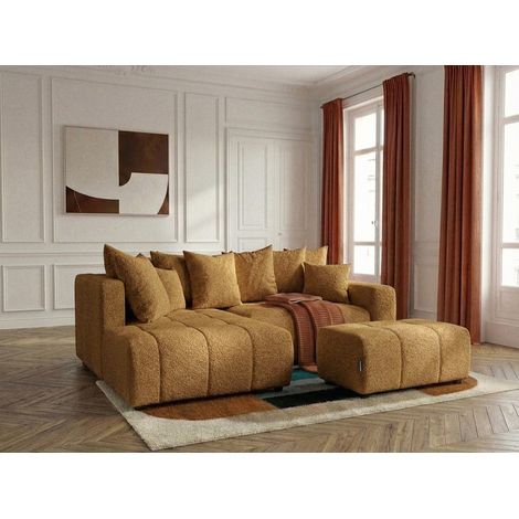 BOBOCHIC - Canapé d'angle L convertible coffre ROXELANE tissu bouclette avec pouf Angle gauche Jaune
