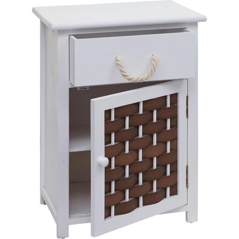 Comodino cassettiera HHG-636 legno di paulonia polyrattan bianco e marrone