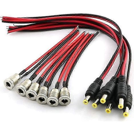 Lot de 6 connecteurs d'alimentation CC : prise femelle 5,5 x 2,1 mm avec filetage et câble, et fiche mâle cylindrique avec fil. (1/5)