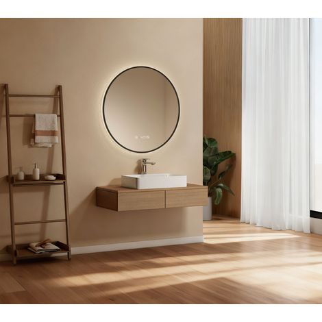 EMKE Badezimmerspiegel 80cm Rund Schwarz LED-Spiegel mit Antibeschlag 4300k, Uhr, Touch-Schalter und Memory-Funktion