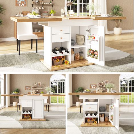 Table télescopique 110-140×80cm avec trois étagères de rangement, blanche pour salon et cuisine.