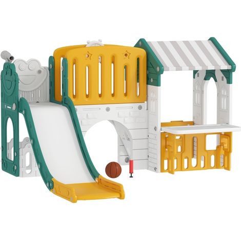 Jeu d'intérieur 7-en-1 pour enfants avec toboggan, maison de jeu, tableau, panier de basket, télescope, tunnel et mur d'escalade, plastique, jaune et vert (1/5)