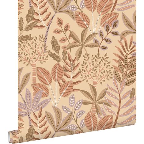 papier peint feuilles beige, rose terracotta et lilas violet - ESTAhome