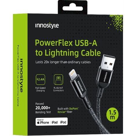 Cavo Innostyle PowerFlex USB Lightning con ricarica rapida MFi per iPhone, in kevlar, 2 m, nero. (1/5)
