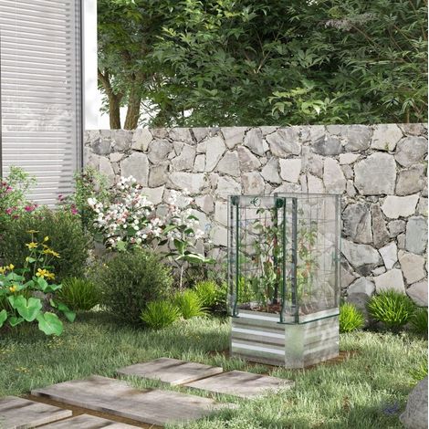 Bac potager surélevé 3-en-1 avec serre et treillis 53x53x90 cm en acier et PVC argenté REDOM (1/5)