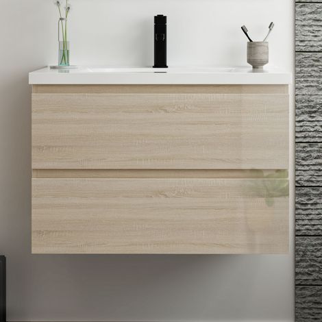 Ocean Meuble salle de bain 80cm Chêne Wotan brillant avec 2 tiroirs à fermeture automatique et simple lavabo céramique