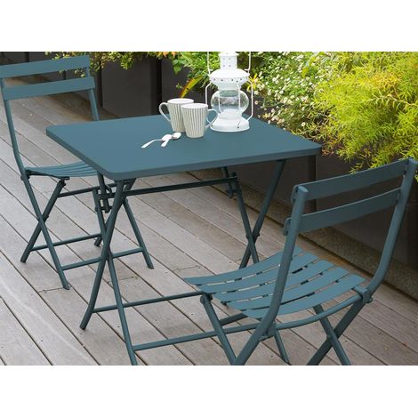 Hesperide – Table carrée pliante 70x70cm 2 places – Acier traité époxy – Couleur bleu canard – Idéale pour balcons et petits jardins
