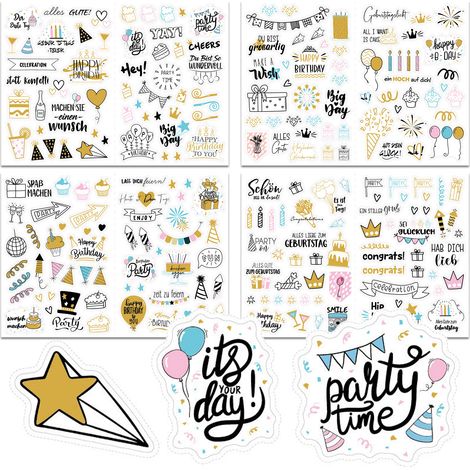 Autocollants Anniversaire - 4 Feuilles 225 Pièces - Gâteaux Chapeaux Ballons Cupcakes - Pour Carnet d'Invités Album Photo Cartes Cadeaux Décoration - Lot (1/5)