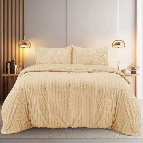 Seersucker Housse de Couette 200x200 cm avec 2 Taies d'oreiller 50x75 cm (Beige) - Parure de Lit 200x200 cm - Ensembles de Housses de Couette en Microfibre brossée Douce (1/5)