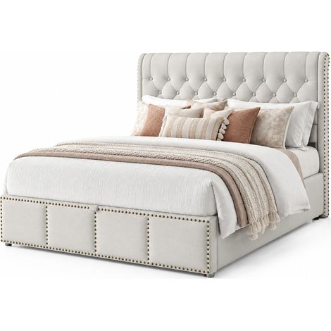 Lit coffre 140x190 en tissu gris avec sommier à lattes inclus, tête de lit 103 cm et levage hydraulique, sans matelas, pour chambre adulte CHICFURN (1/5)