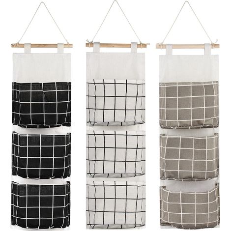 3Pcs Sac de Rangement Suspendu avec 3 Poches,  Étagère Mural en Tissu Panier Pochette de Rangement Organisateur pour Chambre Salle de Bain Cuisine - Étanche & Élégant (Noir/Gris/Blanc)