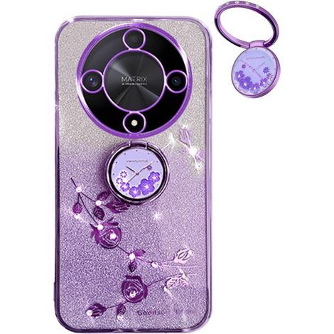 Coque Paillettes pour Honor Magic6 Lite 5G/Magic 6 Lite, Très Mince Antichoc TPU Bumper Doux Silicone Housse, Délicat Mode Fleurs Ring Holder Stand Bling Femmes Filles Étui. Violet (1/5)