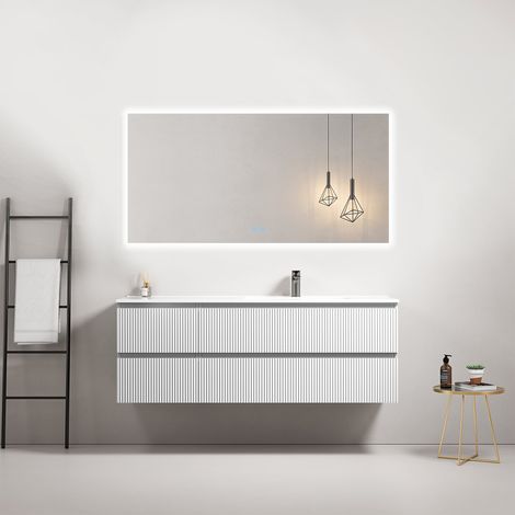 Mobile bagno sospeso cannettato 140 cm Bianco Lavabo a Destra in Resina Specchio Quadro Retroilluminato - Fiji Paint (1/4)