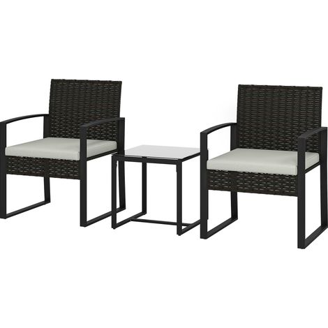 Ensemble bistro rotin 3 pièces blanc crème, 2 chaises table basse, coussins amovibles