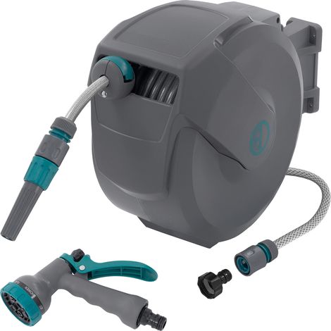 ECD Germany Schlauchaufroller 15m+1,5m, Schlauchtrommel, Wand-Schlauchbox RollUp mit Arretierstop und 9 Sprühfunktionen, 180° Schwenkbar, Automatischer Wasser Gartenschlauch-Aufroller zur Wandmontage