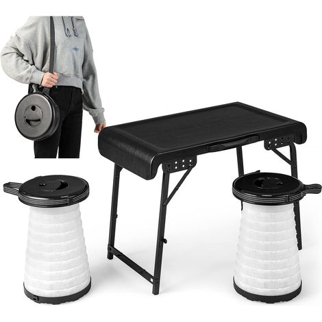 COSTWAY Set Tavolo da Campeggio con 2 Sgabelli LED Pieghevole, Set Tavolino Richiudibile in Valigetta Portatili, con Maniglia, Leggero, per Giardino Picnic BBQ (1/5)