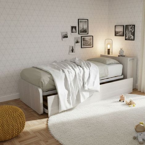 Letto singolo con secondo letto estraibile e testata testiera contenitiva - 80x190 - Rovere rock