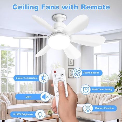 Ventilador de techo con iluminación LED, Casquillo E27-3 velocidades, Regulable (3000K, 6500K), Con mando a distancia y temporizador, Silencioso (1/5)