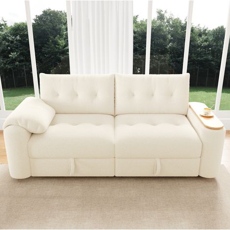 Modulares 3-Sitzer-Sofa mit Stauraum und integriertem Beistelltisch, Teddy-Stoff Beige HAVRYA (1/5)